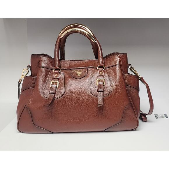 MILANO PRADA Logo Handbag Leather Brown Tote Shoulder Bag - Picture 1 of 16